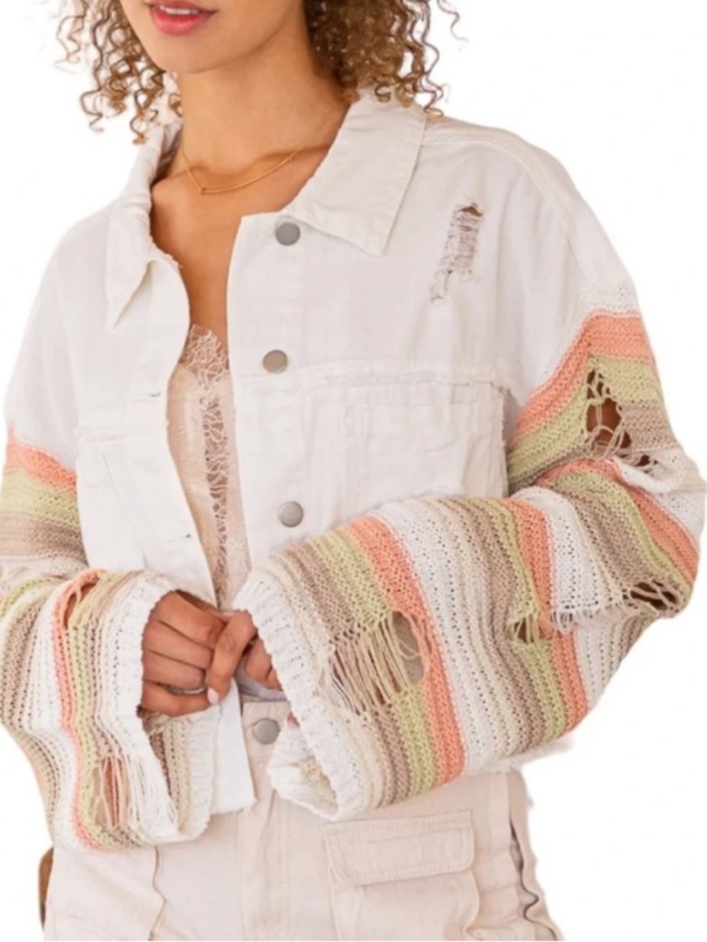 POL Distressed Denim Jacket Striped crocheted Sleeves, oversized Small, cropped